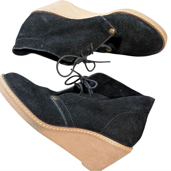 Lucky Brand June black leather suede lace up ankle bootie wedge washed casual - Picture 4 of 10